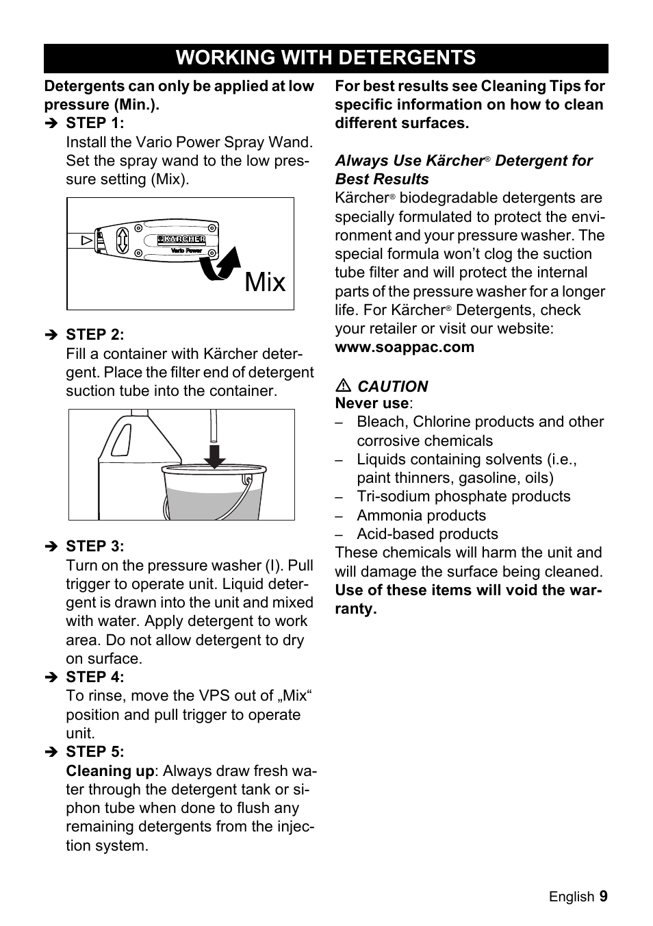 Working with detergents | Karcher K 2.350 User Manual | Page 9 / 16