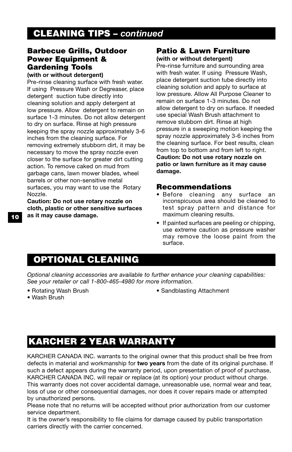 Cleaning tips – continued, Optional cleaning, Karcher 2 year warranty | Karcher K 390 M User Manual | Page 10 / 12
