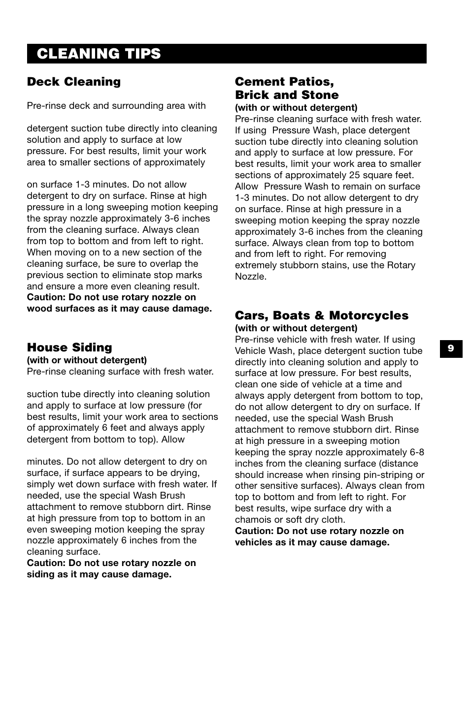 Cleaning tips, Deck cleaning, House siding | Cement patios, brick and stone, Cars, boats & motorcycles | Karcher K 390 M User Manual | Page 9 / 12