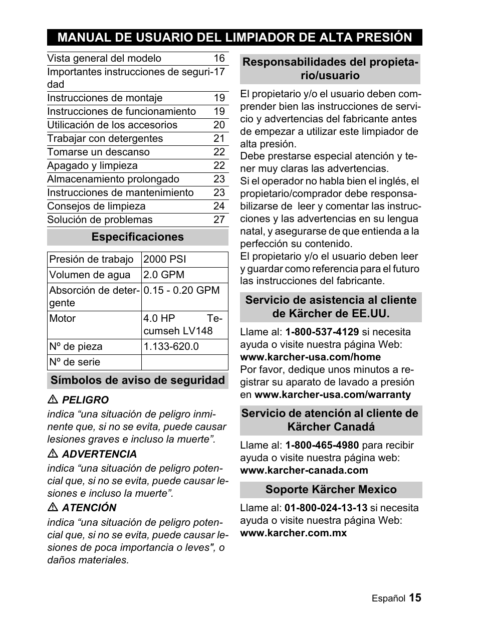 Manual de usuario del limpiador de alta presión | Karcher G 2000 ET User Manual | Page 15 / 43