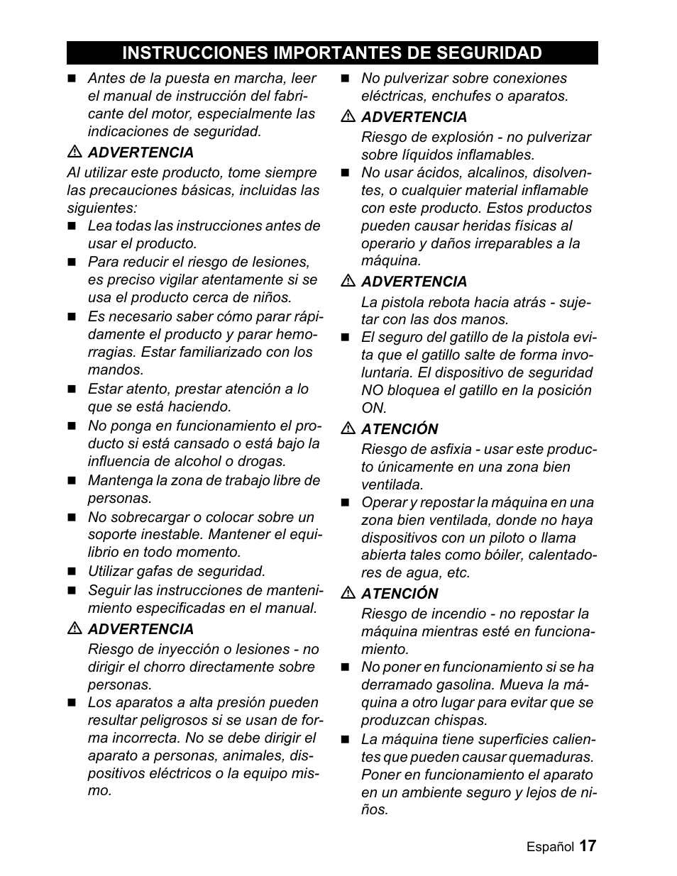 Instrucciones importantes de seguridad | Karcher G 2000 ET User Manual | Page 17 / 43