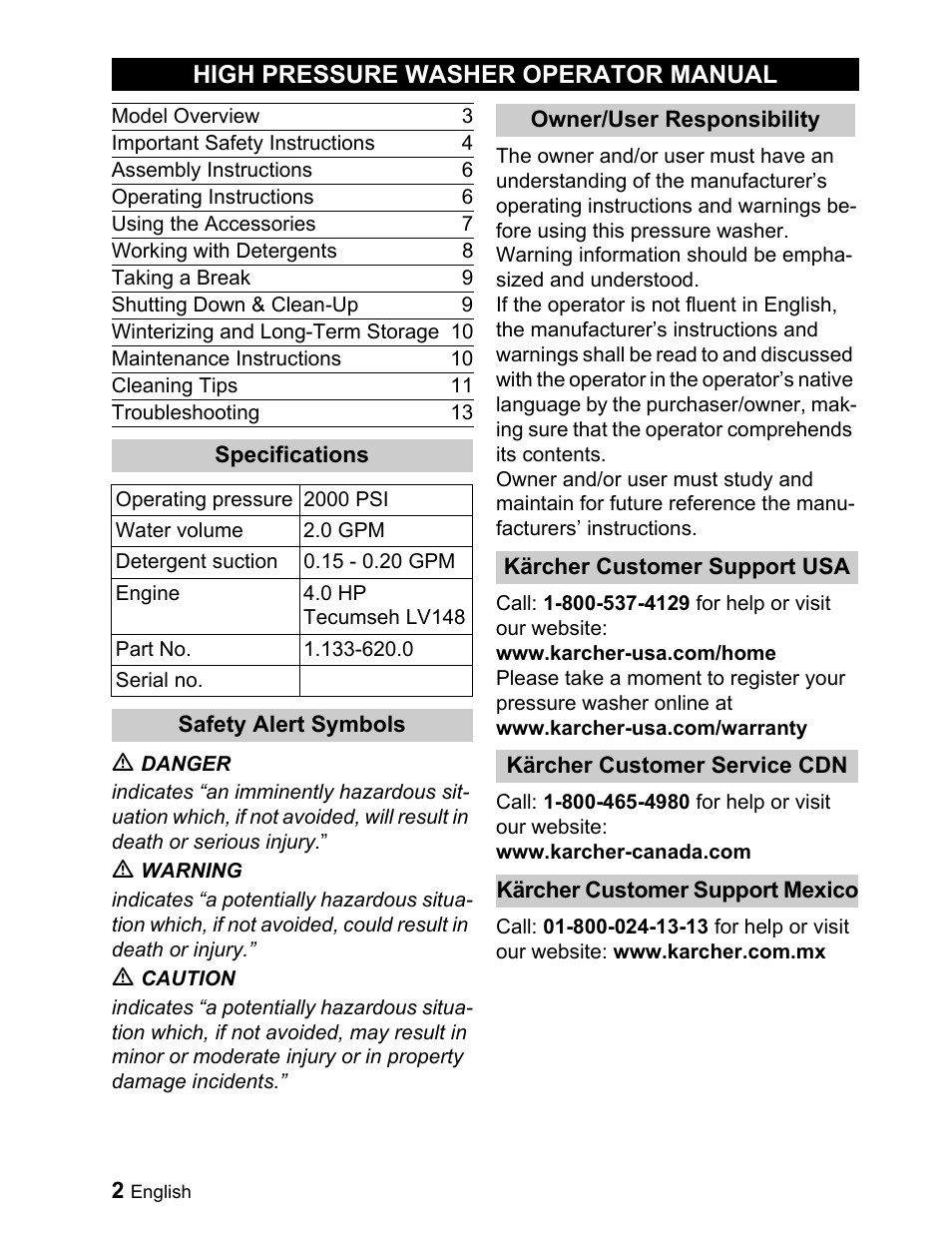 High pressure washer operator manual | Karcher G 2000 ET User Manual | Page 2 / 43