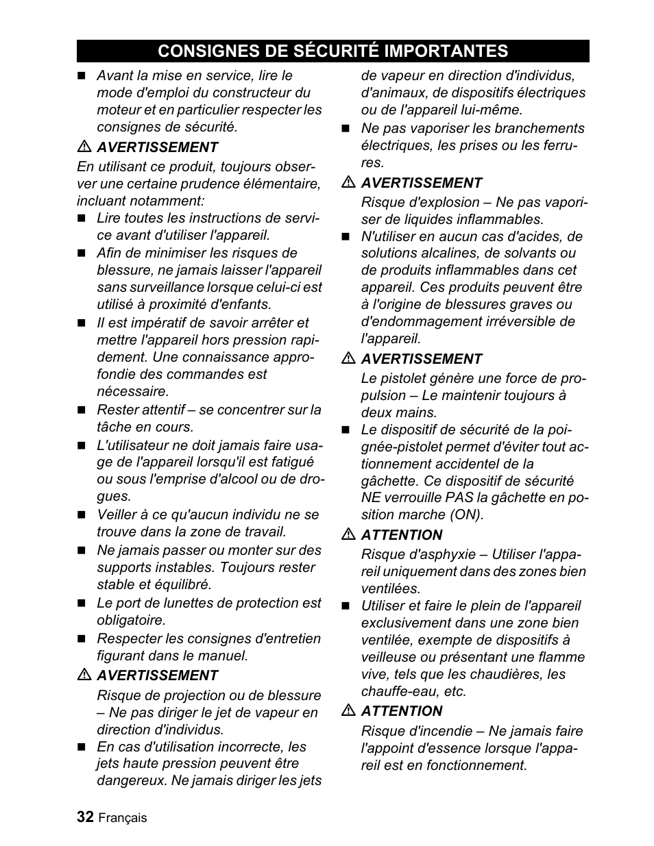 Consignes de sécurité importantes | Karcher G 2000 ET User Manual | Page 32 / 43