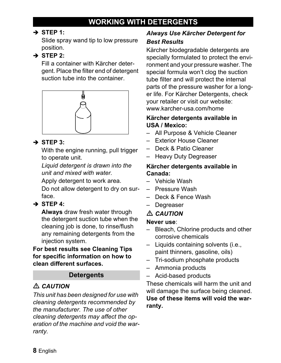 Working with detergents | Karcher G 2000 ET User Manual | Page 8 / 43