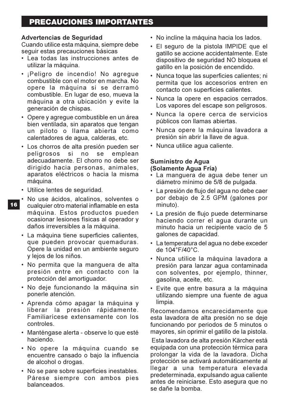 Precauciones importantes – read first | Karcher G 2500 HT User Manual | Page 16 / 40