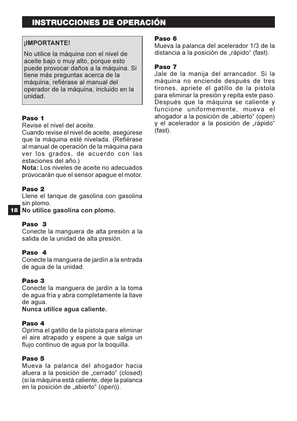 Instrucciones de operación | Karcher G 2500 HT User Manual | Page 18 / 40
