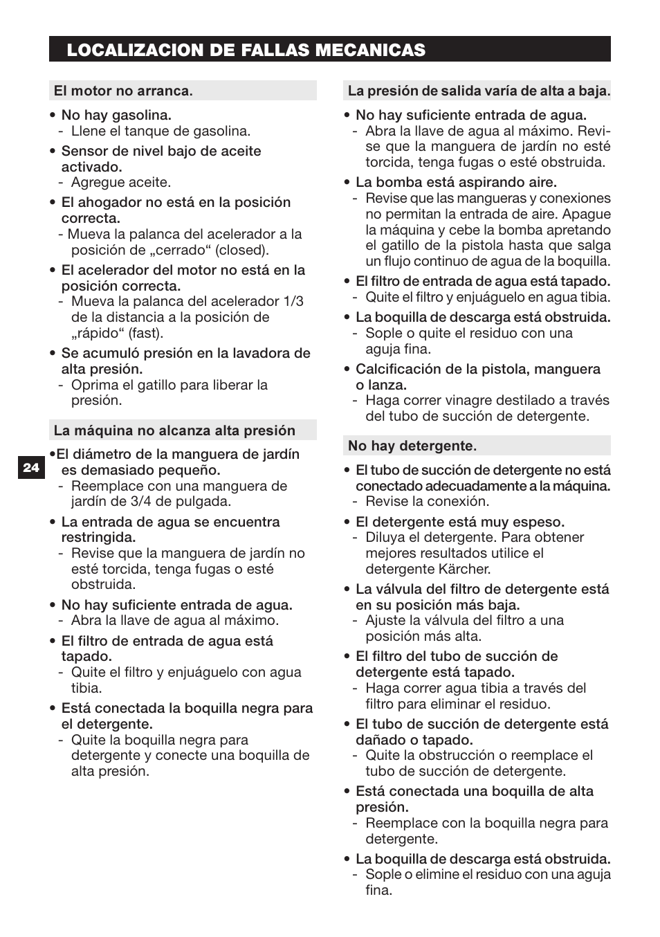 Localizacion de fallas mecanicas | Karcher G 2500 HT User Manual | Page 24 / 40