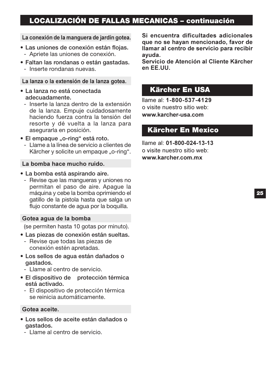 Localización de fallas mecanicas – continuación, Kärcher en usa, Kärcher en mexico | Karcher G 2500 HT User Manual | Page 25 / 40