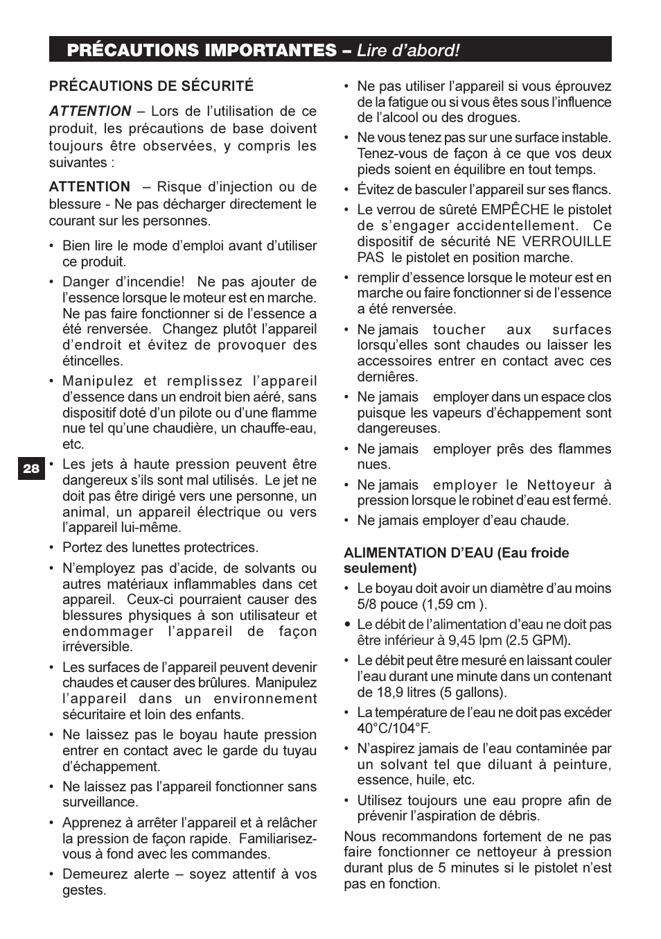 Précautions importantes – lire d’abord | Karcher G 2500 HT User Manual | Page 28 / 40