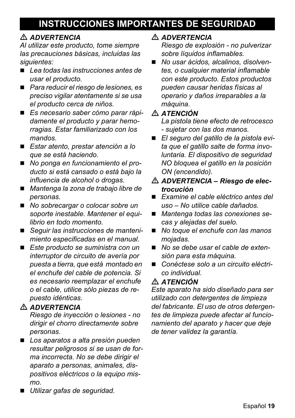 Instrucciones importantes de seguridad | Karcher K 5.85 M User Manual | Page 19 / 48