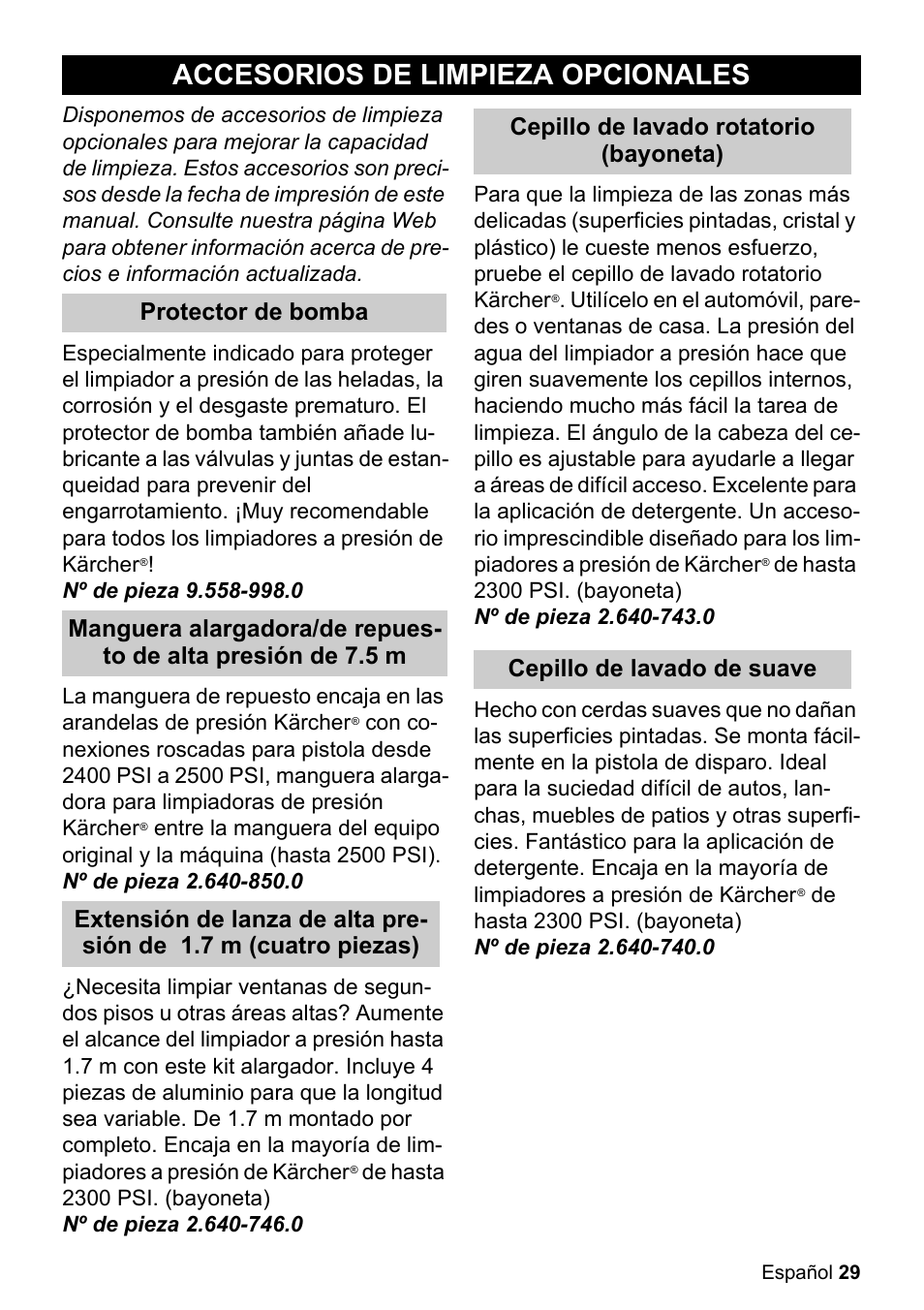 Accesorios de limpieza opcionales | Karcher K 5.85 M User Manual | Page 29 / 48