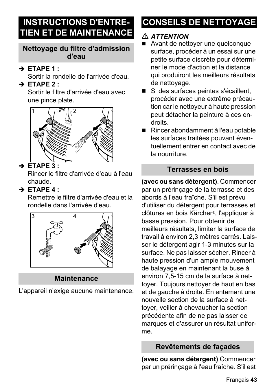 Instructions d'entre- tien et de maintenance, Conseils de nettoyage | Karcher K 5.85 M User Manual | Page 43 / 48