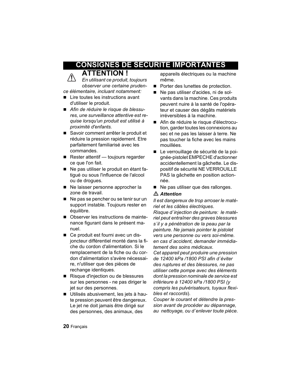 Attention, Consignes de securite importantes | Karcher K 3.49 M User Manual | Page 20 / 52