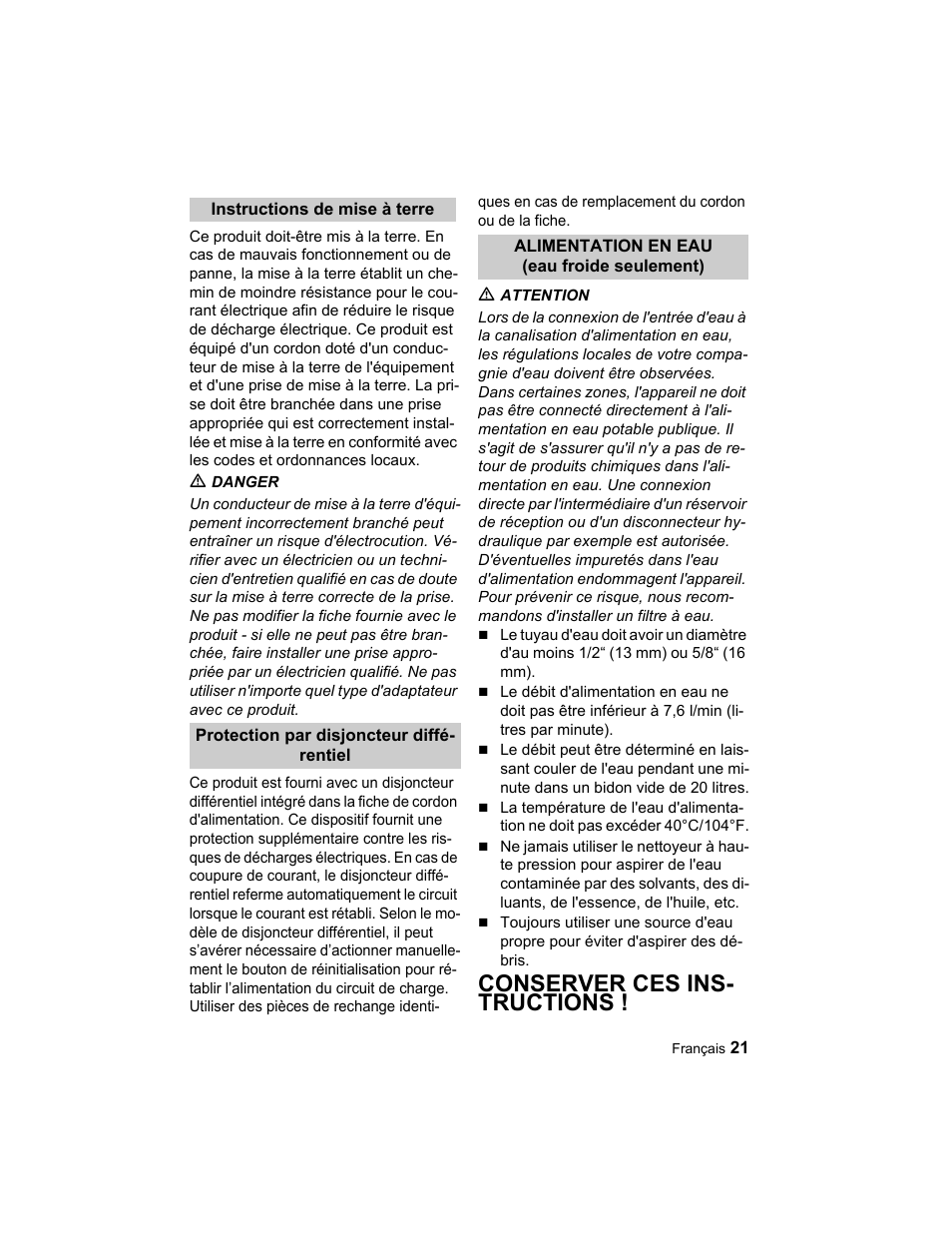 Conserver ces ins- tructions | Karcher K 3.49 M User Manual | Page 21 / 52