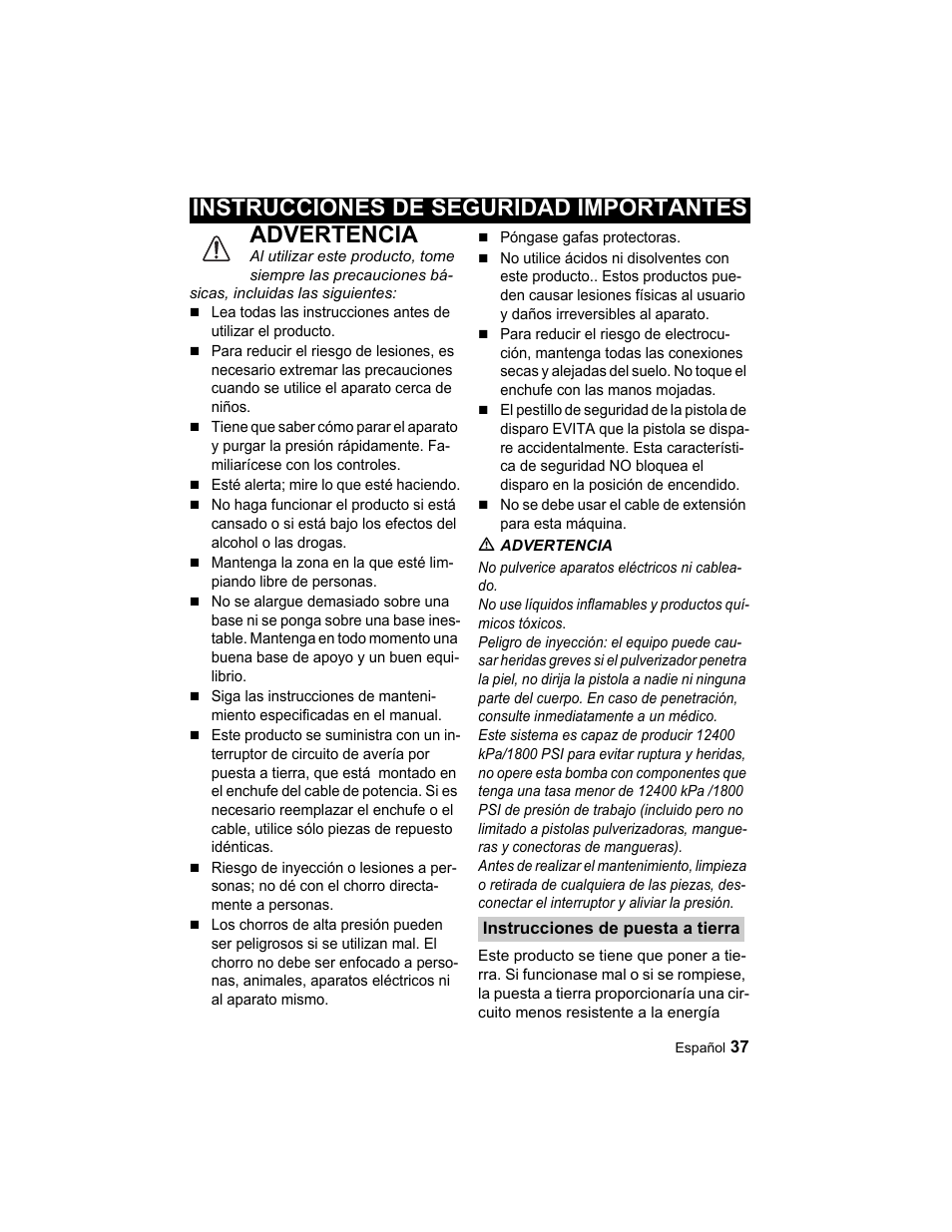 Advertencia, Instrucciones de seguridad importantes | Karcher K 3.49 M User Manual | Page 37 / 52