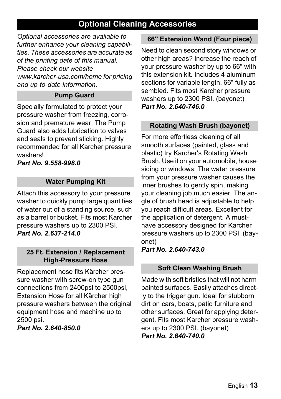 Optional cleaning accessories | Karcher K 2.26M User Manual | Page 13 / 48