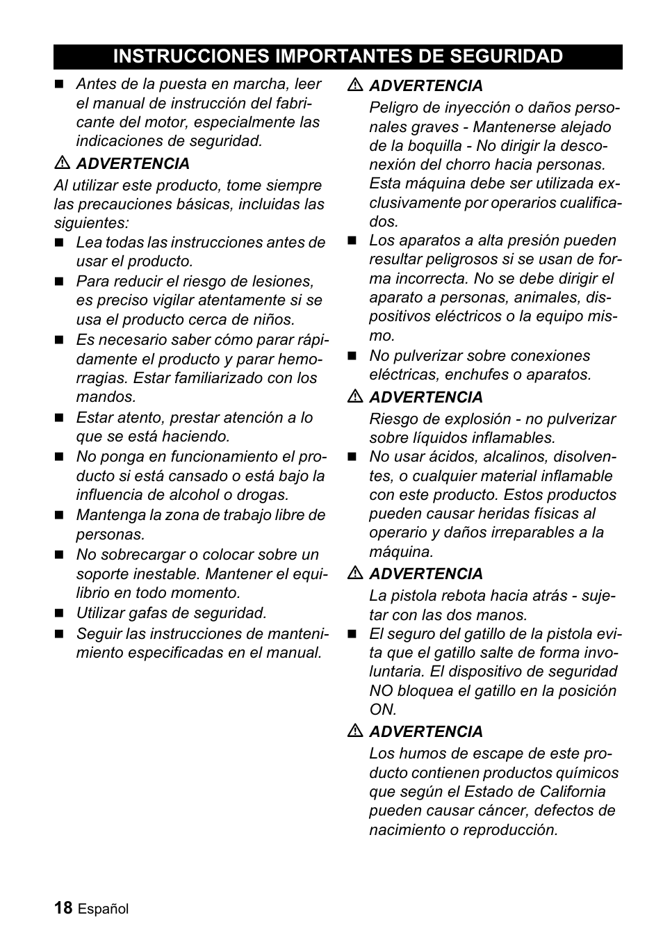 Instrucciones importantes de seguridad | Karcher G 2600 PH User Manual | Page 18 / 47