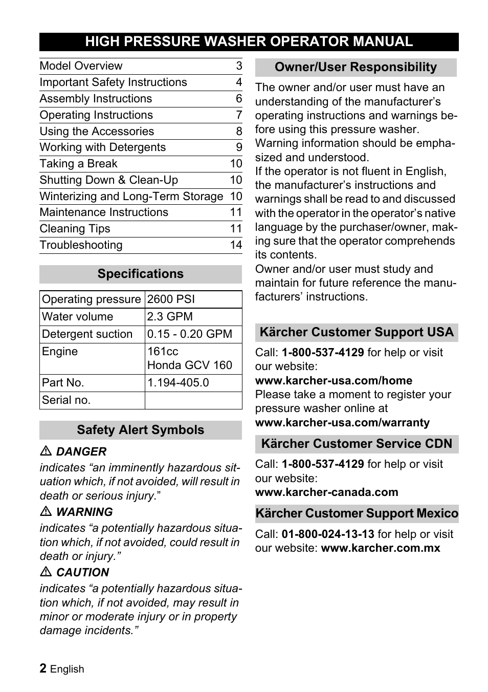 High pressure washer operator manual | Karcher G 2600 PH User Manual | Page 2 / 47