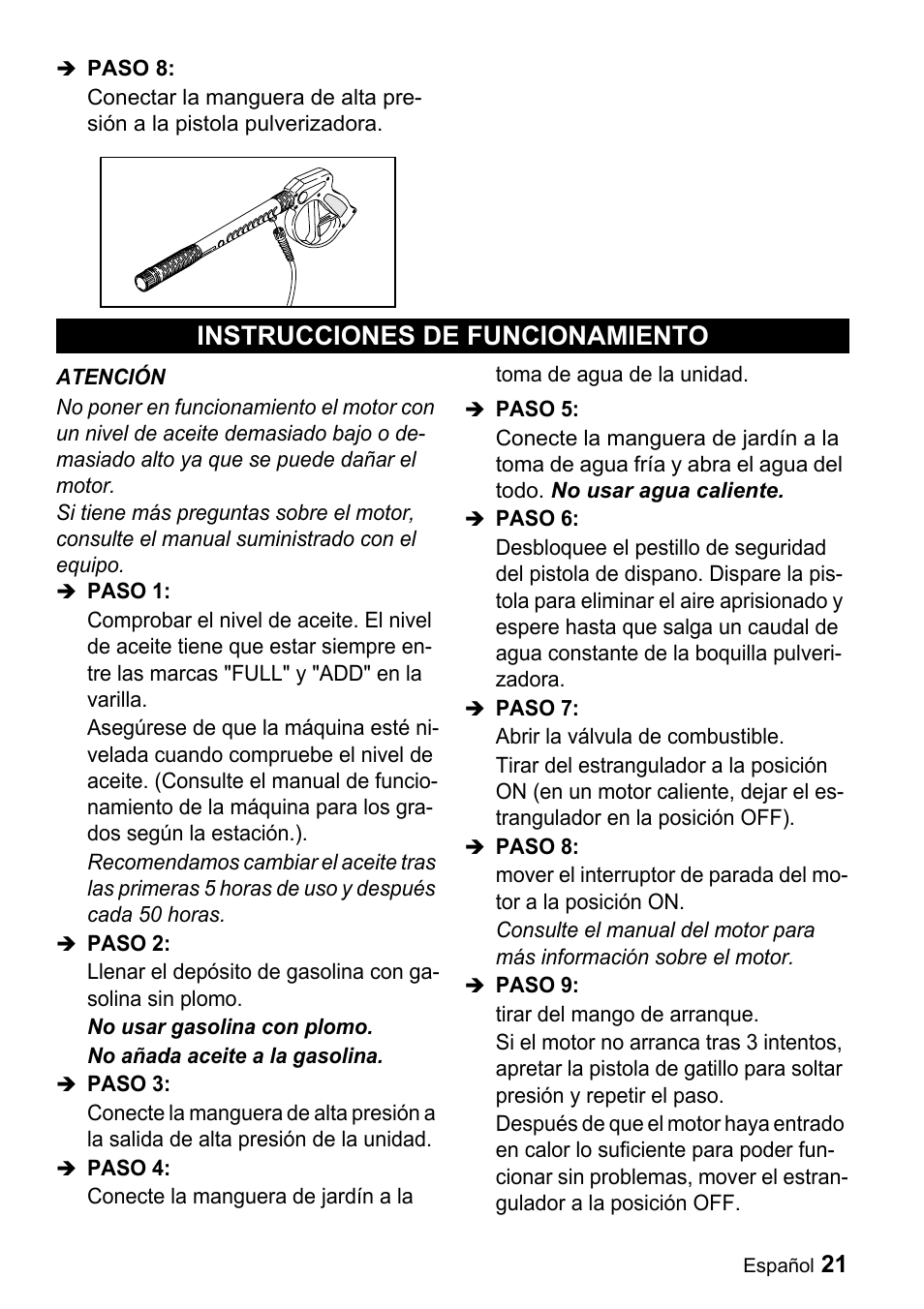 Instrucciones de funcionamiento | Karcher G 2600 PH User Manual | Page 21 / 47