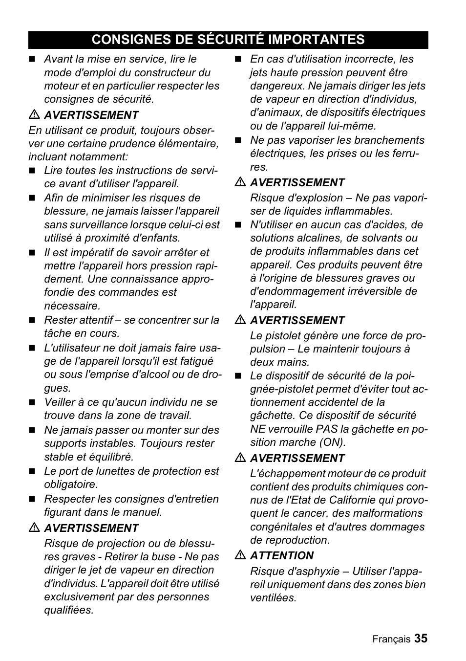 Consignes de sécurité importantes | Karcher G 2600 PH User Manual | Page 35 / 47