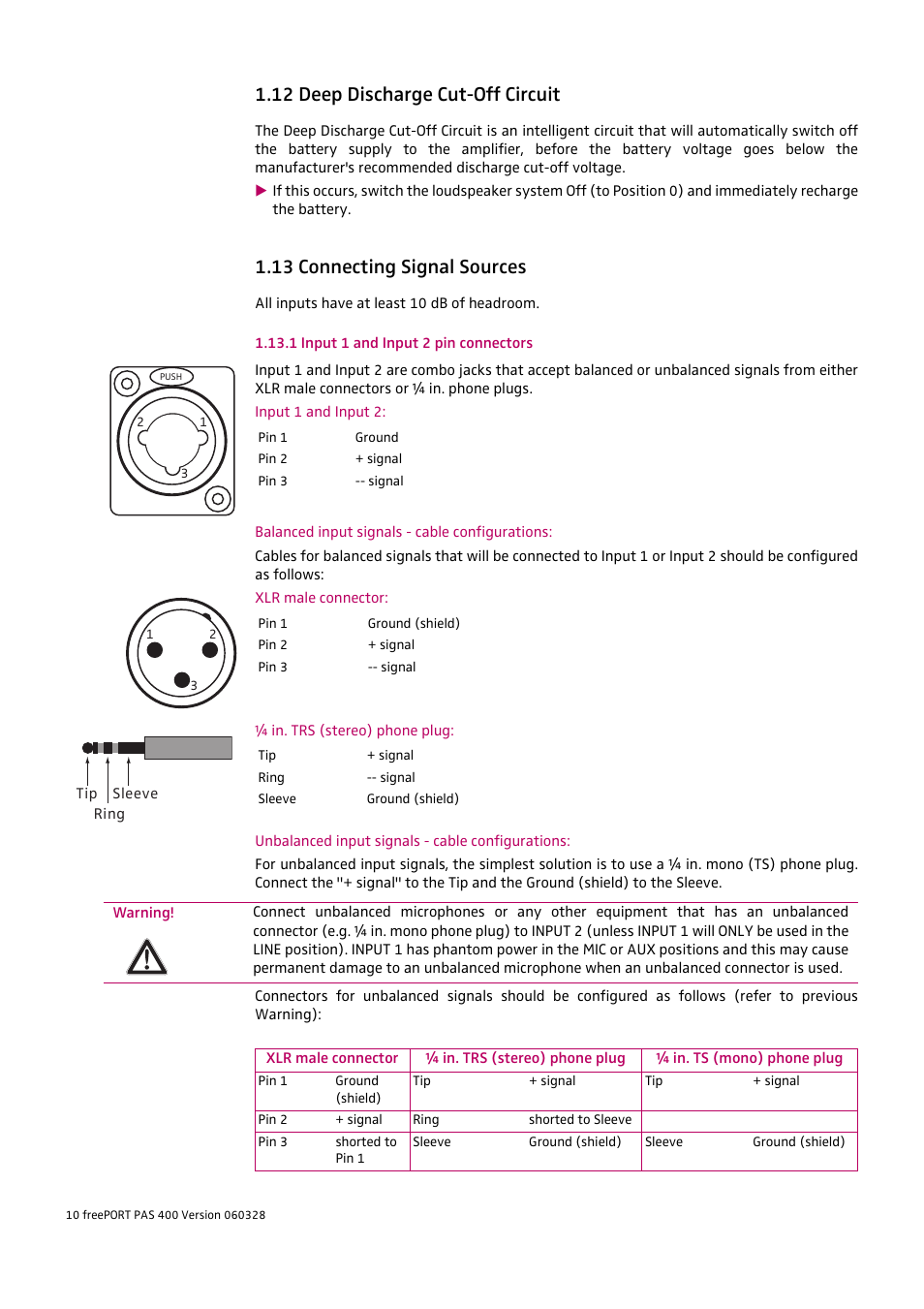 12 deep discharge cut-off circuit, 13 connecting signal sources | HeadsetUSA PAS 400 User Manual | Page 10 / 21