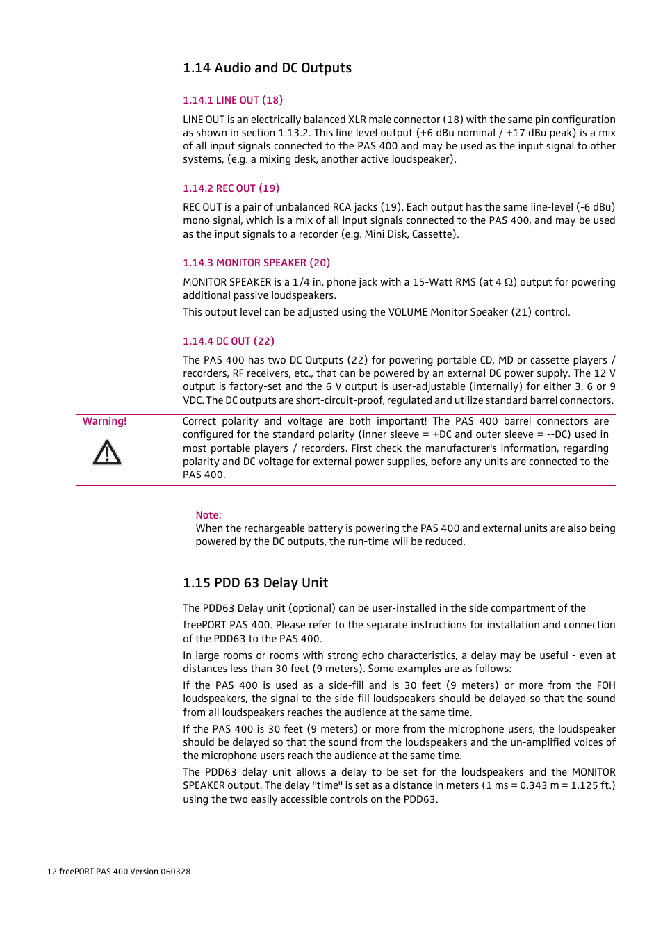 14 audio and dc outputs, 15 pdd 63 delay unit | HeadsetUSA PAS 400 User Manual | Page 12 / 21
