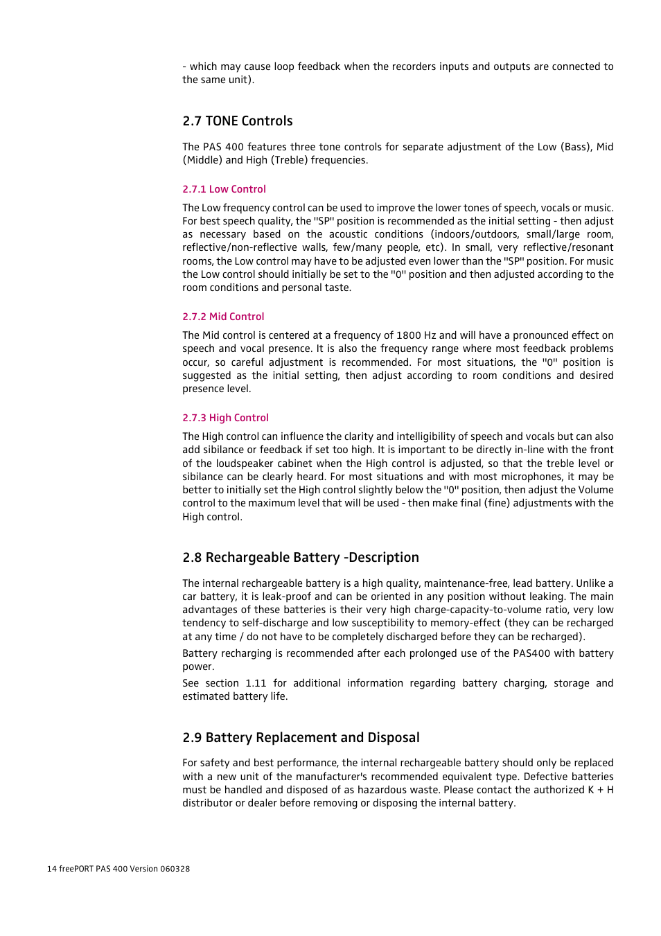 7 tone controls, 8 rechargeable battery -description, 9 battery replacement and disposal | HeadsetUSA PAS 400 User Manual | Page 14 / 21