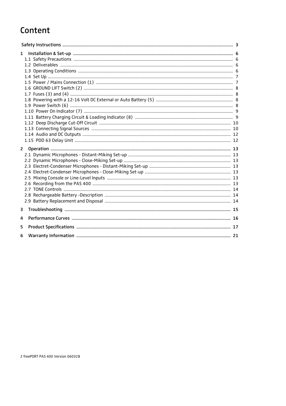 Content | HeadsetUSA PAS 400 User Manual | Page 2 / 21