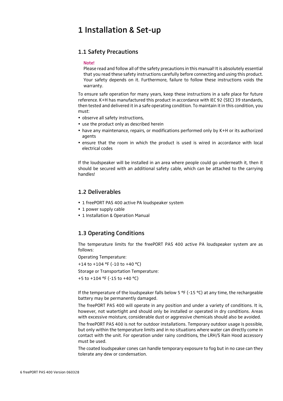 1 installation & set-up, 1 safety precautions, 2 deliverables | 3 operating conditions | HeadsetUSA PAS 400 User Manual | Page 6 / 21