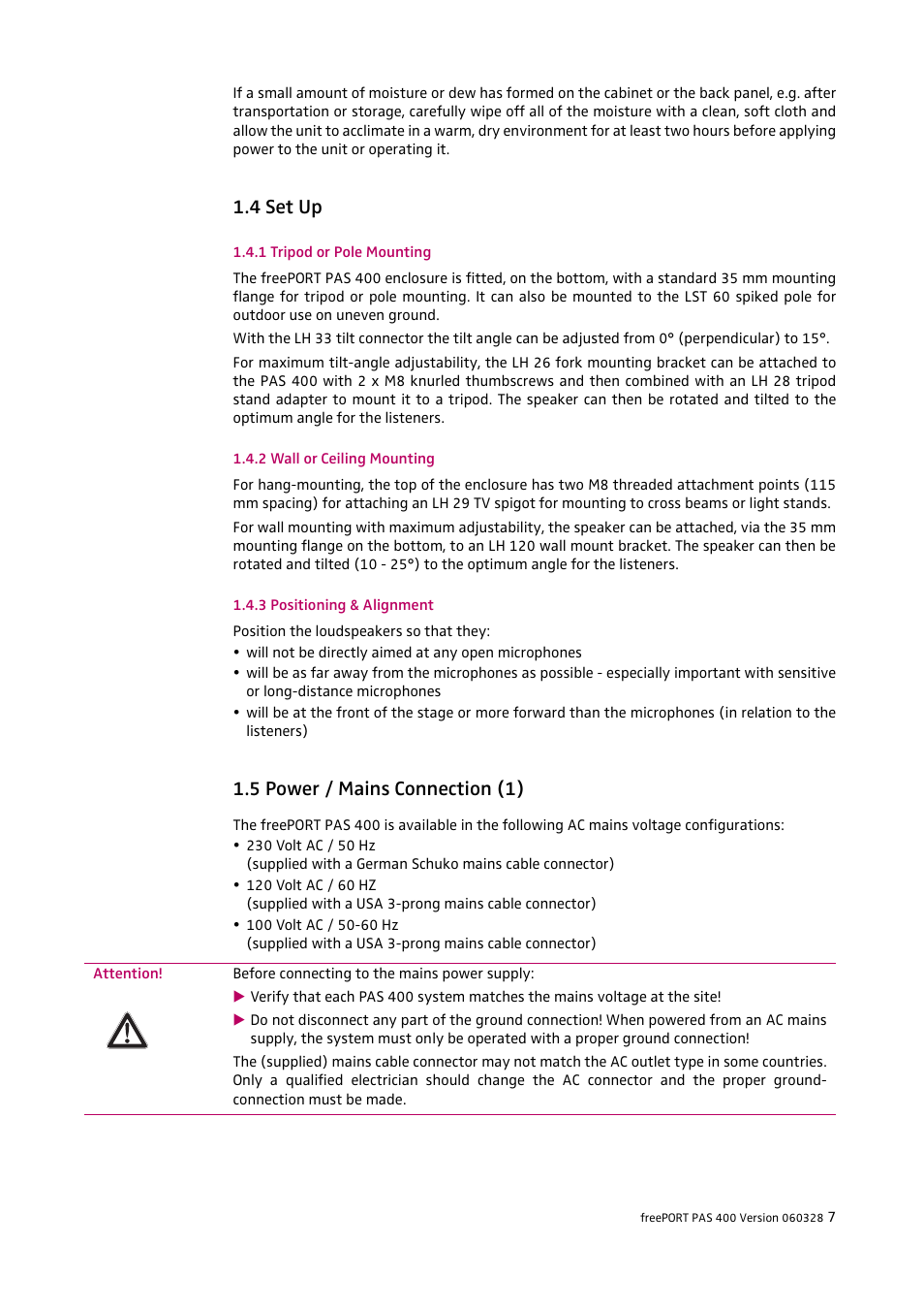 4 set up, 5 power / mains connection (1) | HeadsetUSA PAS 400 User Manual | Page 7 / 21