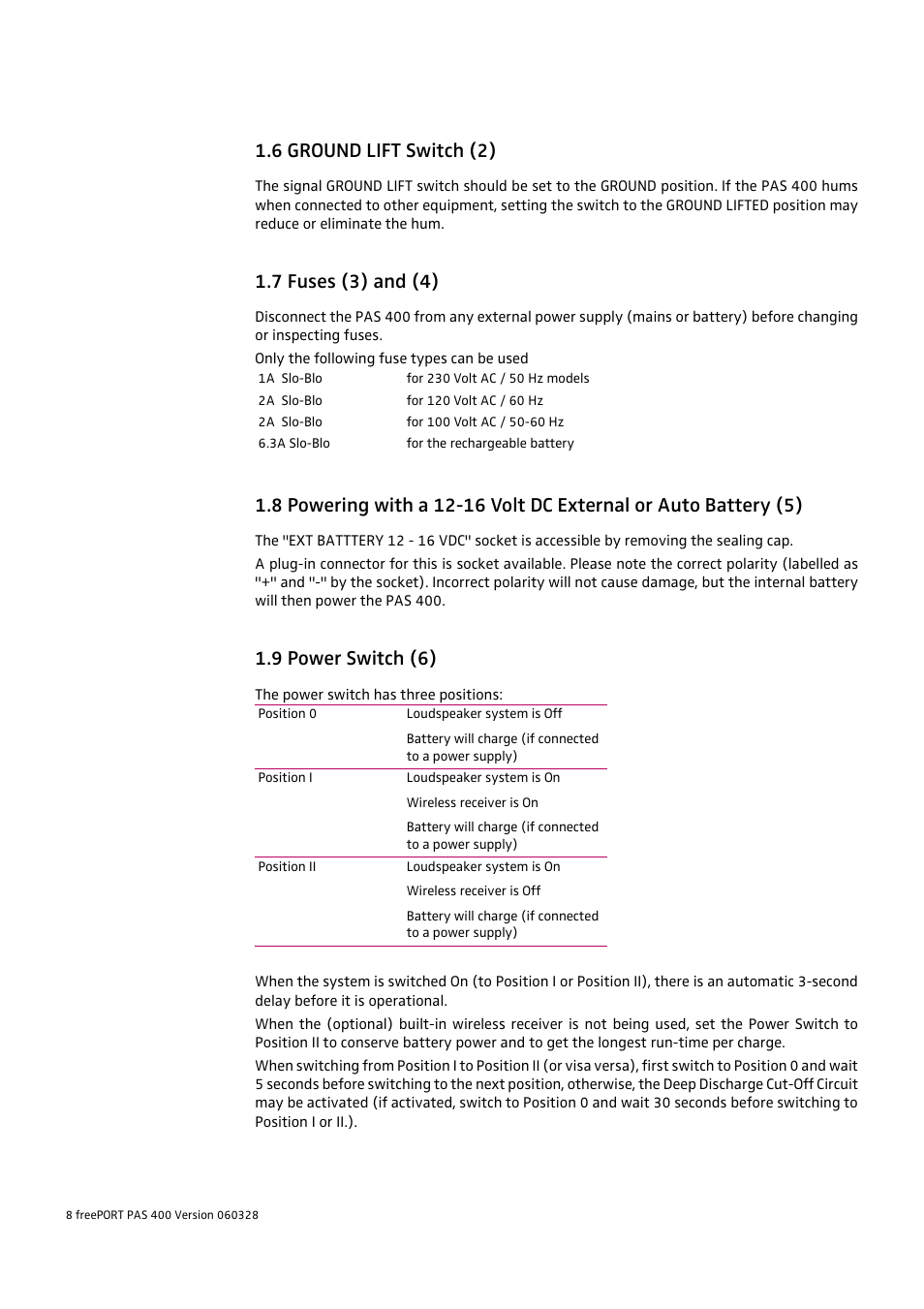 6 ground lift switch (2), 7 fuses (3) and (4), 9 power switch (6) | HeadsetUSA PAS 400 User Manual | Page 8 / 21