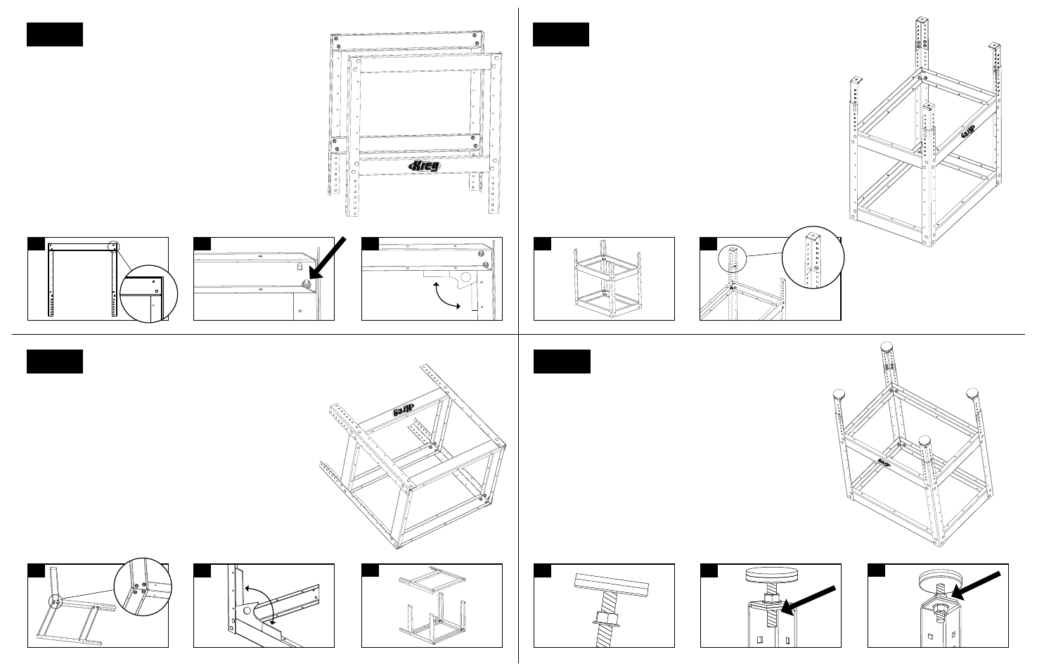 Step 4 step 3 step 1 step 2, Installing height adjusters, Joining side assemblies | Installing levelers, Constructing side assemblies | Kreg Tool PRS1020 User Manual | Page 17 / 18