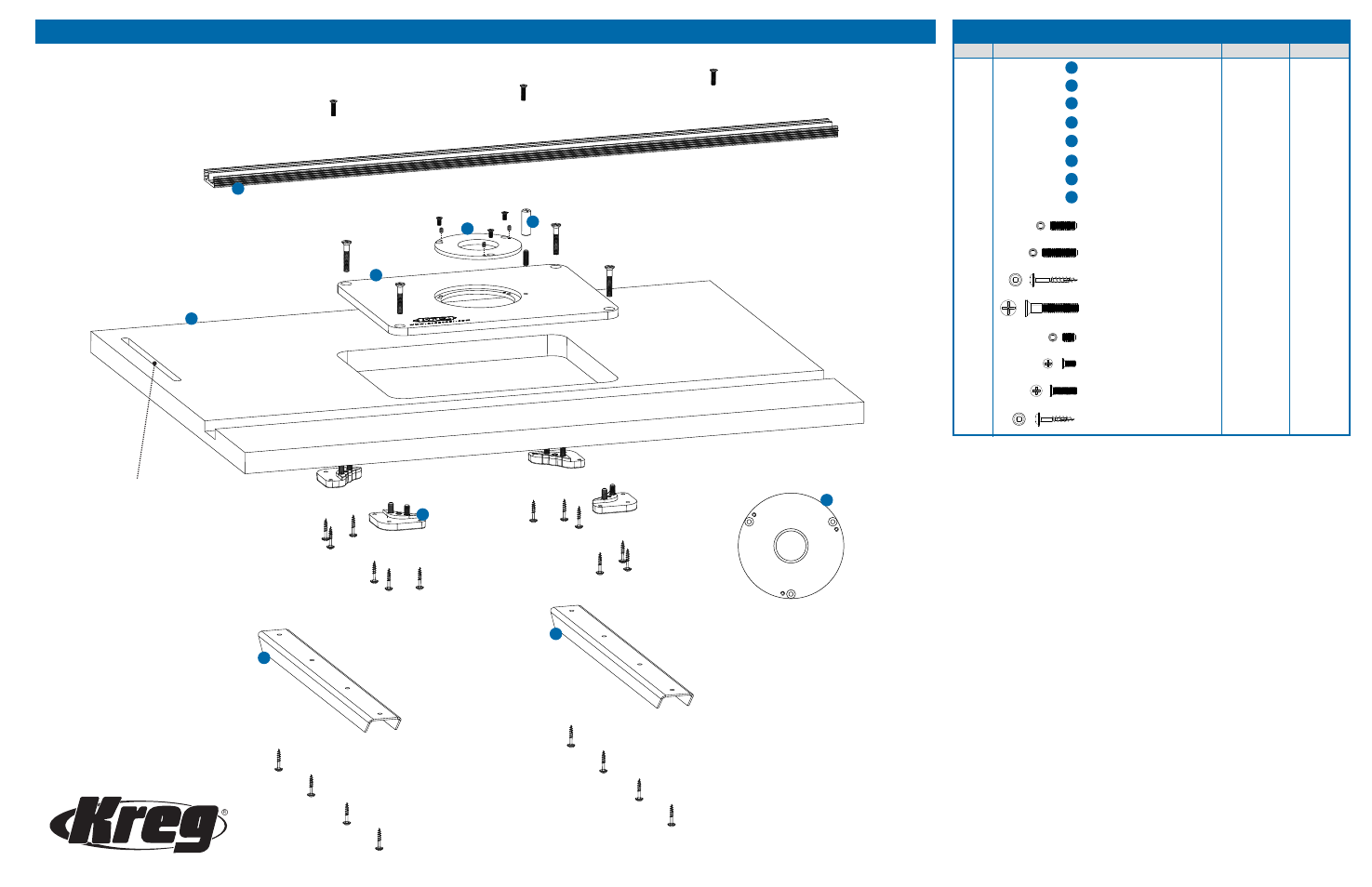 Precision router table top exploded parts diagram, Hardware | Kreg Tool PRS1020 User Manual | Page 4 / 18