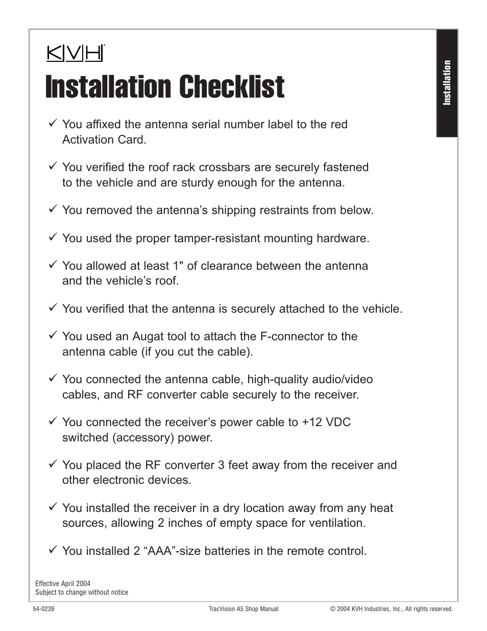 Installation checklist | KVH Industries KVH TracVision User Manual | Page 10 / 32