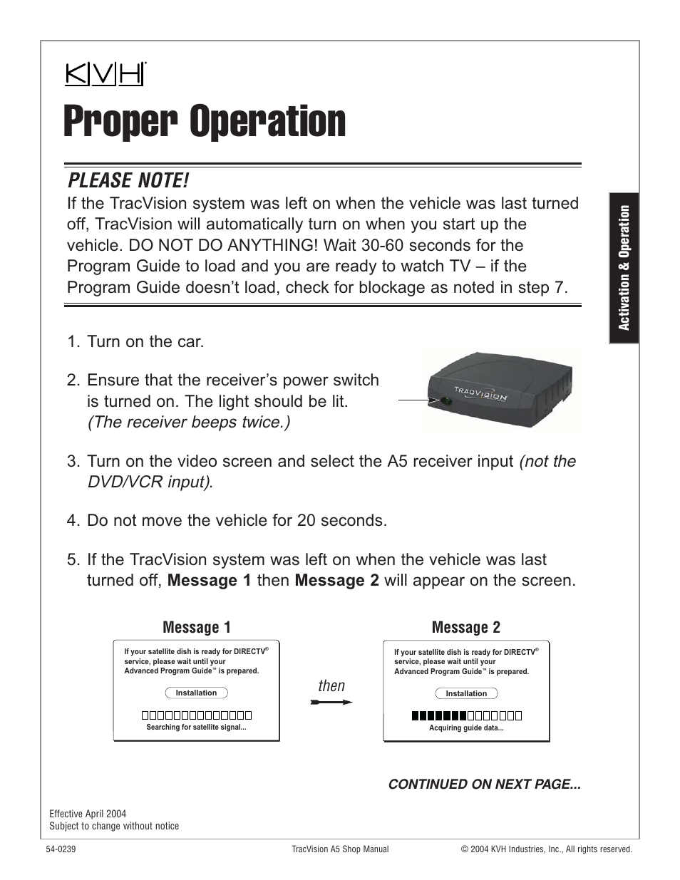 Activation & operation, Proper operation, Message 1 message 2 then | KVH Industries KVH TracVision User Manual | Page 11 / 32
