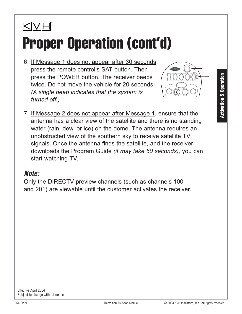 Proper operation (cont’d), Activation & operation | KVH Industries KVH TracVision User Manual | Page 12 / 32