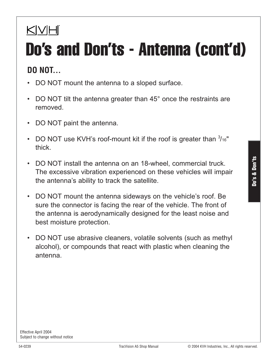 Do’s and don’ts - antenna (cont’d), Do not | KVH Industries KVH TracVision User Manual | Page 16 / 32