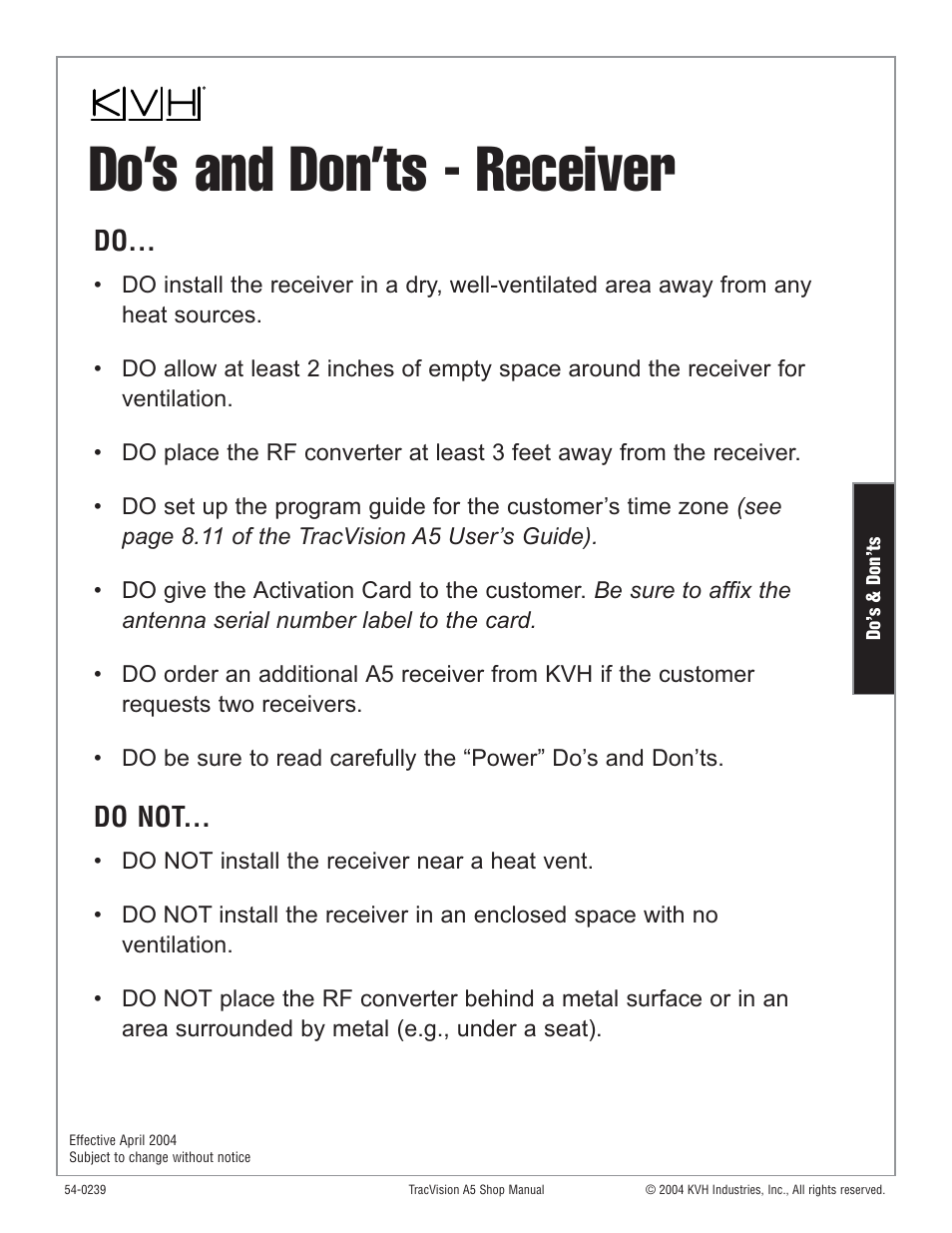 Receiver, Do’s and don’ts - receiver, Do not | KVH Industries KVH TracVision User Manual | Page 17 / 32