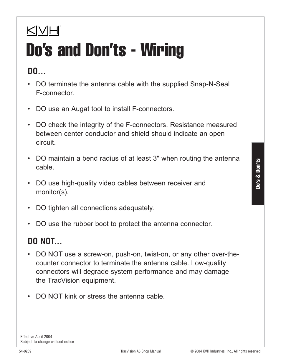 Wiring, Do’s and don’ts - wiring, Do not | KVH Industries KVH TracVision User Manual | Page 18 / 32