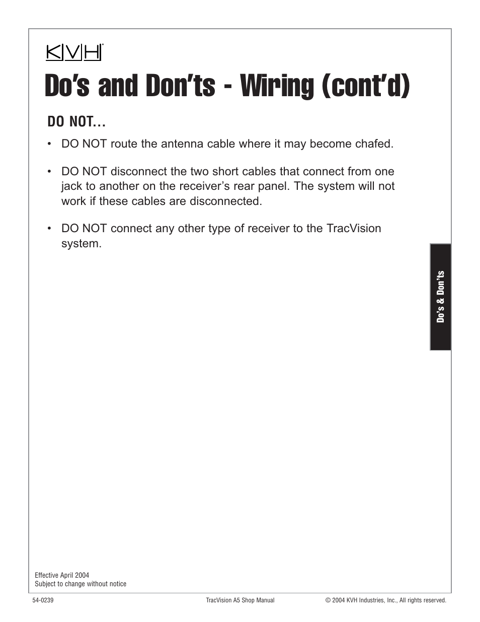 Do’s and don’ts - wiring (cont’d), Do not | KVH Industries KVH TracVision User Manual | Page 19 / 32