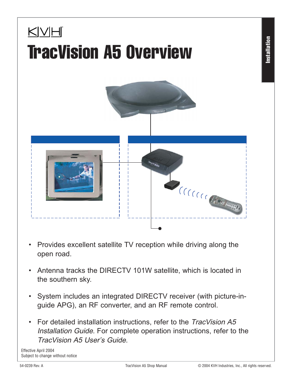 Installation, Tracvision a5 overview | KVH Industries KVH TracVision User Manual | Page 2 / 32