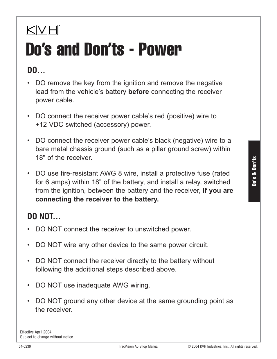 Power, Do’s and don’ts - power, Do not | KVH Industries KVH TracVision User Manual | Page 20 / 32
