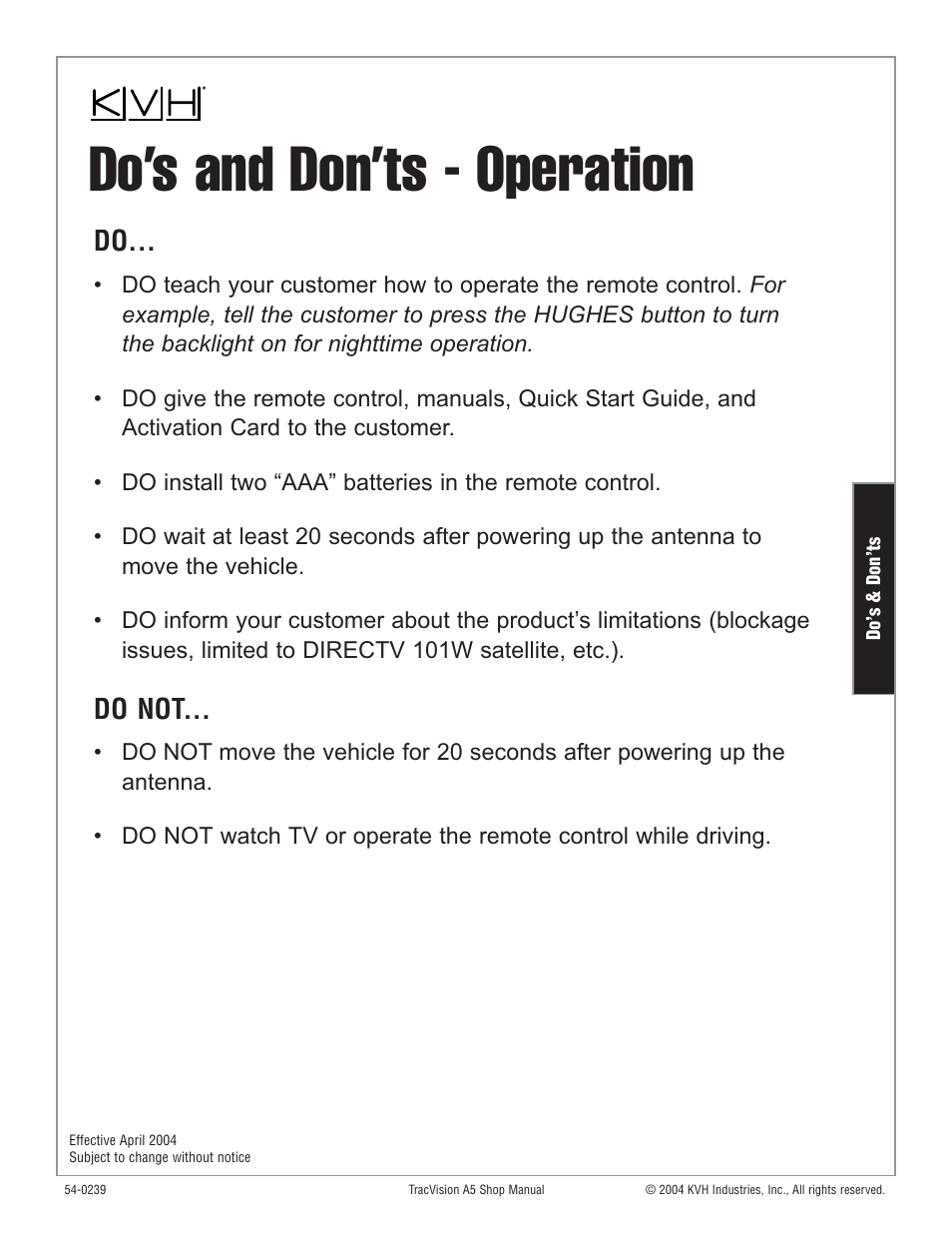 Operation, Do’s and don’ts - operation, Do not | KVH Industries KVH TracVision User Manual | Page 21 / 32