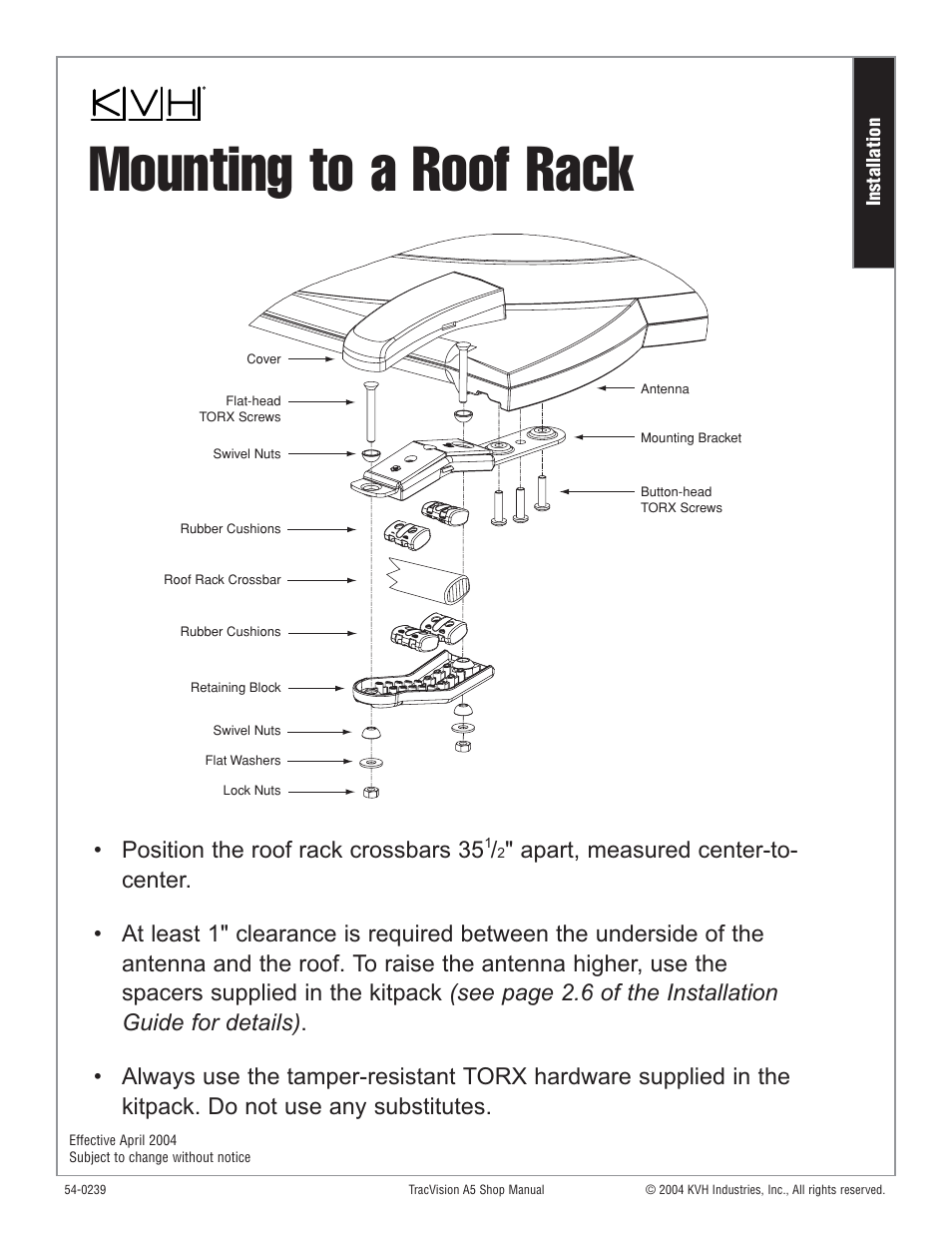 Mounting to a roof rack, Position the roof rack crossbars 35 | KVH Industries KVH TracVision User Manual | Page 4 / 32