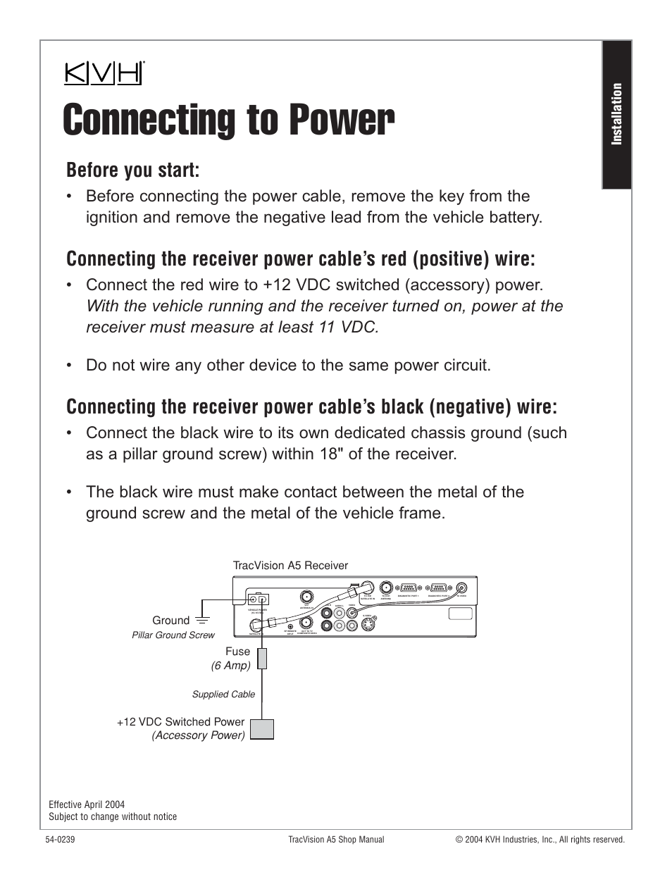 Connecting to power, Before you start, Installation | KVH Industries KVH TracVision User Manual | Page 8 / 32