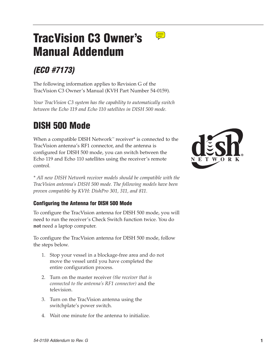 Tracvision c3 owner’s manual addendum, Dish 500 mode, Eco #7173) | KVH Industries TracVision C3 User Manual | Page 4 / 82