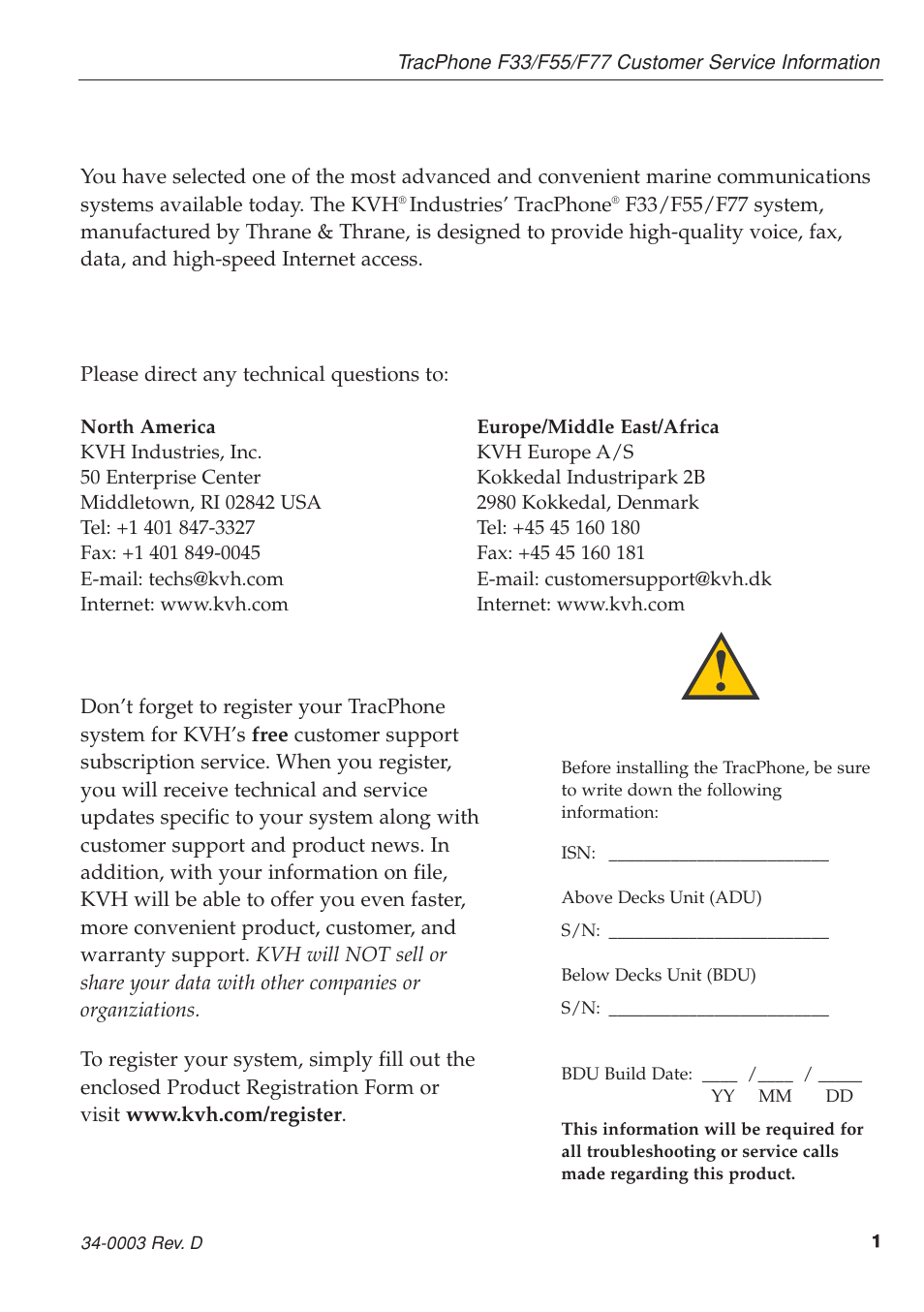 Technical support, Product registration, Product information | KVH Industries TracPhone F55 User Manual | Page 2 / 128