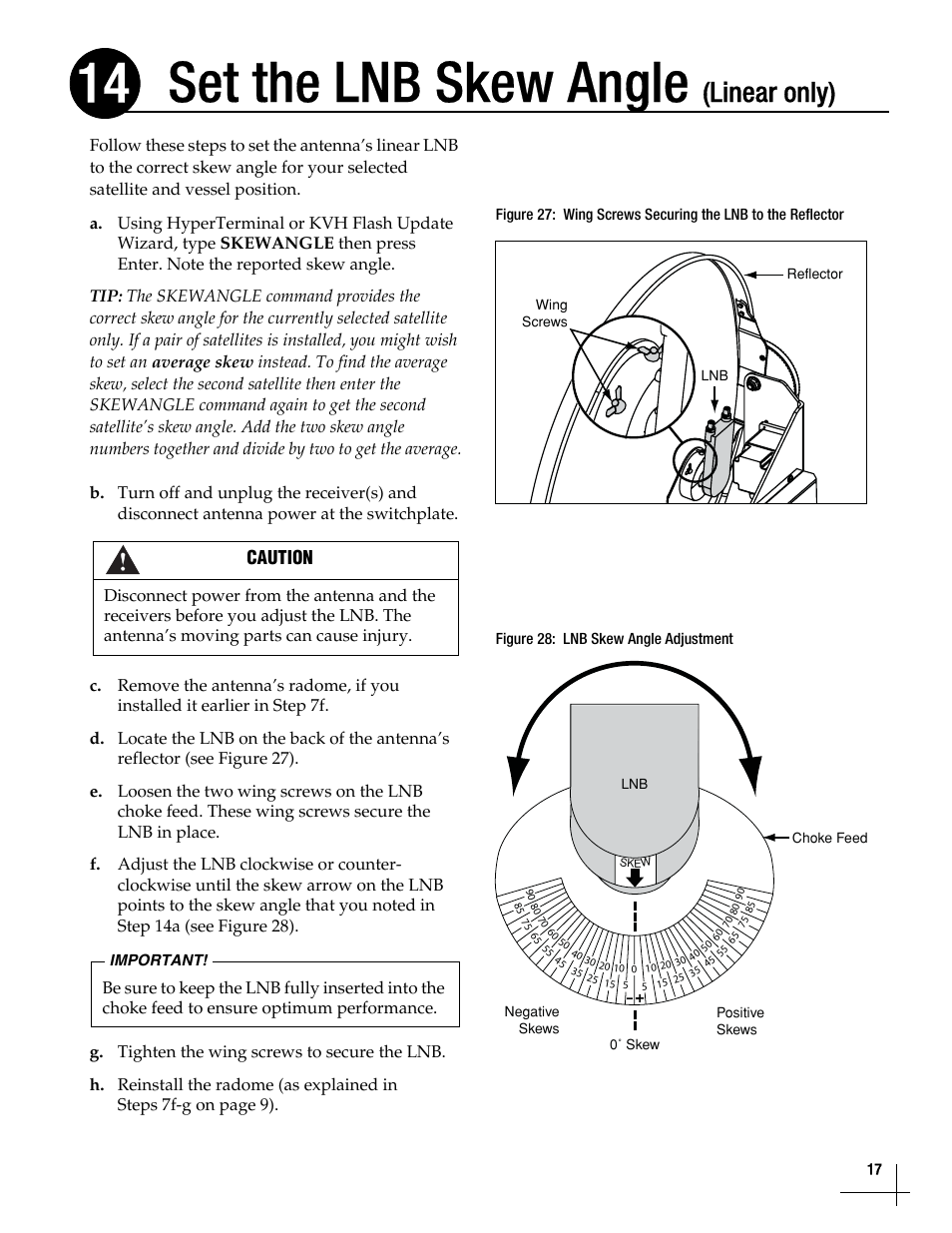 Set the lnb skew angle (linear only), Set the lnb skew angle (linear only), 17, Set the lnb skew angle | Linear only) | KVH Industries TracVisionM7 User Manual | Page 17 / 31