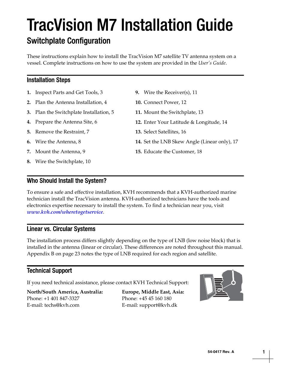 Installation steps, Who should install the system, Linear vs. circular systems | Technical support, Tracvision m7 installation guide, Switchplate configuration | KVH Industries TracVisionM7 User Manual | Page 2 / 31