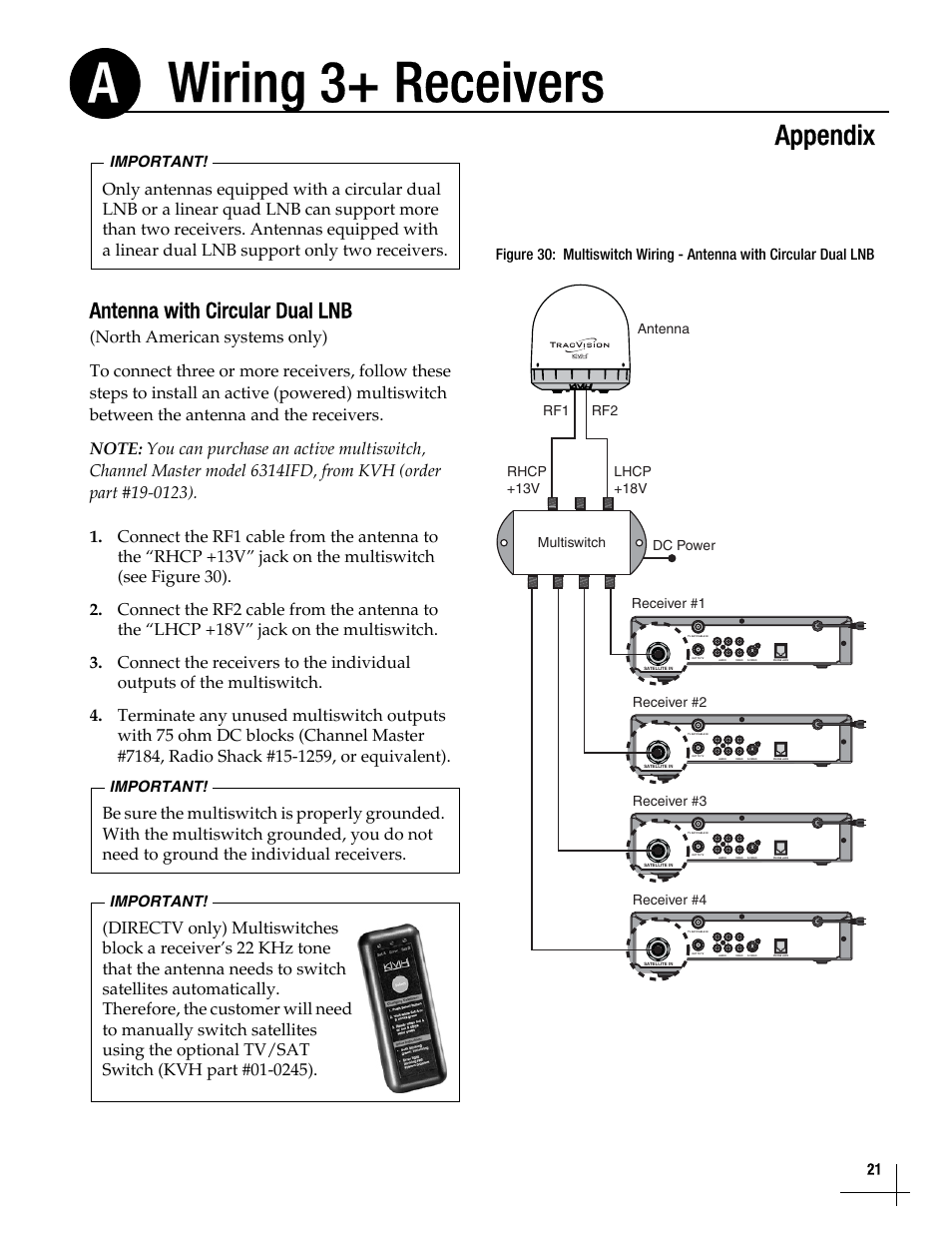 Wiring 3+ receivers, Wiring 3+ receivers, 21, Wiring 3+ receivers a | Appendix, Antenna with circular dual lnb, Important | KVH Industries TracVisionM7 User Manual | Page 20 / 31